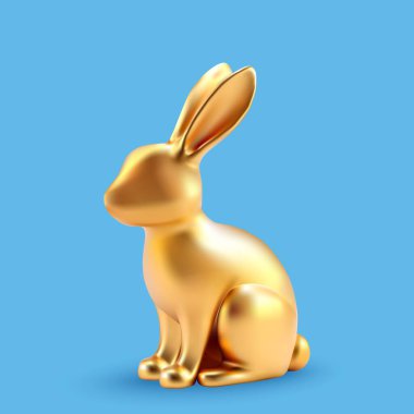 Paskalya tasarımı için 3D dekoratif altın tavşanlar. Gerçekçi tavşancık. Mavi arka planda izole edilmiş hayvan karakterleri. 3D görüntüleme. Vektör illüstrasyonu