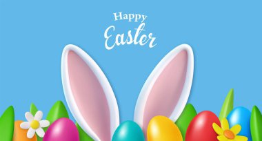 Üç boyutlu tavşan kulağı ve çimenlikteki renkli yumurtalar. Yumurta avı partisi afişi, davetiye ya da tebrik kartı tasarımı. Vektör illüstrasyonu