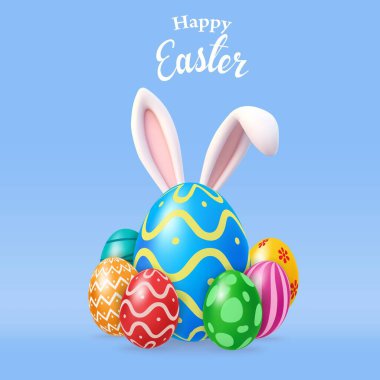 Tavşan kulaklı üç boyutlu paskalya yumurtası. Mutlu Paskalya tatili konsepti. En az stil. Şirin Paskalya Tavşanı ile şenlik tasarımı. Pankart, el ilanı kapağı, broşür. Vektör illüstrasyonu