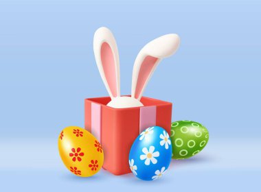 3D, içinde Paskalya tavşanı ve mavi arka planda renkli paskalya yumurtaları olan pembe hediye kutusu. Mutlu Paskalya bayramı konsepti. Vektör illüstrasyonu