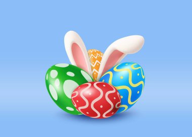 Tavşan kulaklı üç boyutlu paskalya yumurtası. Mutlu Paskalya tatili konsepti. En az stil. Şirin Paskalya Tavşanı ile şenlik tasarımı. Pankart, el ilanı kapağı, broşür. Vektör illüstrasyonu