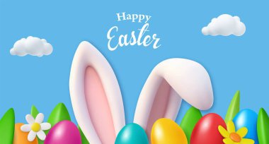 Üç boyutlu tavşan kulağı ve çimenlikteki renkli yumurtalar. Yumurta avı partisi afişi, davetiye ya da tebrik kartı tasarımı. Vektör illüstrasyonu