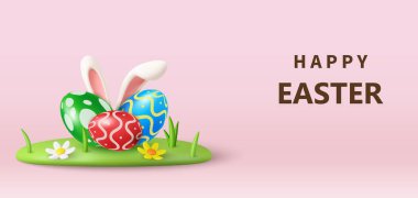 Tavşan kulaklı 3 boyutlu Paskalya bayrağı ve çiçek tarlasına konmuş güzel boyalı yumurtalar. Paskalya yumurtası avı ya da yumurta süsleme sanatı. Vektör illüstrasyonu