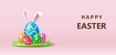 Tavşan kulaklı 3 boyutlu Paskalya bayrağı ve çiçek tarlasına konmuş güzel boyalı yumurtalar. Paskalya yumurtası avı ya da yumurta süsleme sanatı. Vektör illüstrasyonu