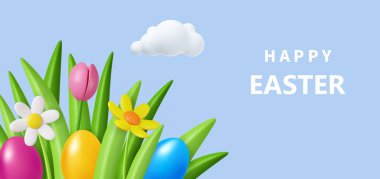 3D Paskalya tebrik kartı, çiçekli pankart, Paskalya yumurtaları ve bulutlar. Bahar çiçeği modern grafik konsepti. Vektör illüstrasyonu