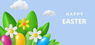 3D Paskalya tebrik kartı, çiçekli pankart, Paskalya yumurtaları ve bulutlar. Bahar çiçeği modern grafik konsepti. Vektör illüstrasyonu