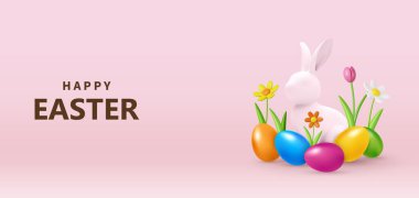 Tavşanlı 3 boyutlu Paskalya bayrağı ve çiçek tarlasına bırakılmış güzel boyalı yumurtalar. Paskalya yumurtası avı ya da yumurta süsleme sanatı. Vektör illüstrasyonu