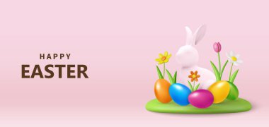 Tavşanlı 3 boyutlu Paskalya bayrağı ve çiçek tarlasına bırakılmış güzel boyalı yumurtalar. Paskalya yumurtası avı ya da yumurta süsleme sanatı. Vektör illüstrasyonu