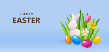 Tavşanlı 3 boyutlu Paskalya bayrağı ve çiçek tarlasına bırakılmış güzel boyalı yumurtalar. Paskalya yumurtası avı ya da yumurta süsleme sanatı. Vektör illüstrasyonu