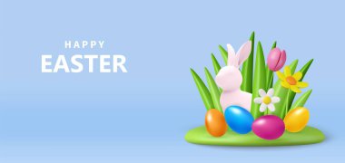 Tavşanlı 3 boyutlu Paskalya bayrağı ve çiçek tarlasına bırakılmış güzel boyalı yumurtalar. Paskalya yumurtası avı ya da yumurta süsleme sanatı. Vektör illüstrasyonu