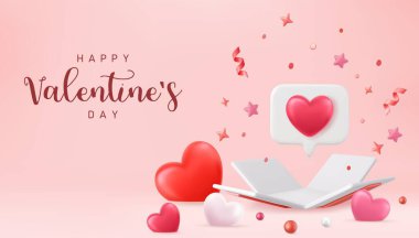 3D konfeti ve kalp şeklinde balonlarla dolu hediye kutusunu aç. Sevgililer Günü ve Anneler Günü için uygun. 3D görüntüleme. Vektör illüstrasyonu