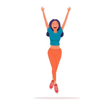 Mutlu atlayışlar. Neşeden zıplayan mutlu karakter, eğlence. Beyaz arka planda pozitif enerjisi olan özgür aktif bir kadın. Düz biçimli vektör illüstrasyonu