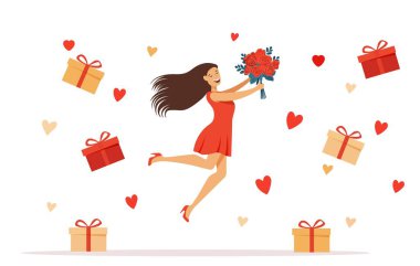 Yüzen hediye kutuları ve kalplerle çevrili kırmızı elbiseli, elinde bir buket gül tutan neşeli kadın, aşkı ve kutlamayı sembolize ediyor. Düz biçimli vektör illüstrasyonu