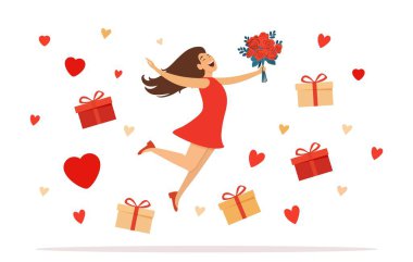 Yüzen hediye kutuları ve kalplerle çevrili kırmızı elbiseli, elinde bir buket gül tutan neşeli kadın, aşkı ve kutlamayı sembolize ediyor. Düz biçimli vektör illüstrasyonu