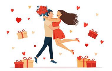 Sevgililer Günü 'nde sevgi, sevgi ve kutlamayı sembolize eden yüzen kalpler ve hediye kutularıyla çevrili romantik bir çift. Düz biçimli vektör illüstrasyonu
