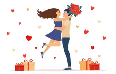 Sevgililer Günü 'nde sevgi, sevgi ve kutlamayı sembolize eden yüzen kalpler ve hediye kutularıyla çevrili romantik bir çift. Düz biçimli vektör illüstrasyonu