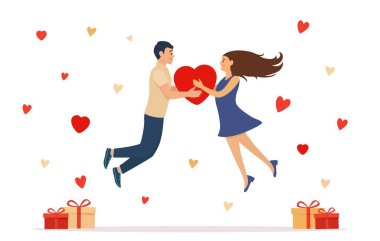 Mutlu çift havada süzülürken büyük kırmızı bir kalple aşk, romantizm ve Sevgililer Günü 'nü simgeliyor. Düz biçimli vektör illüstrasyonu