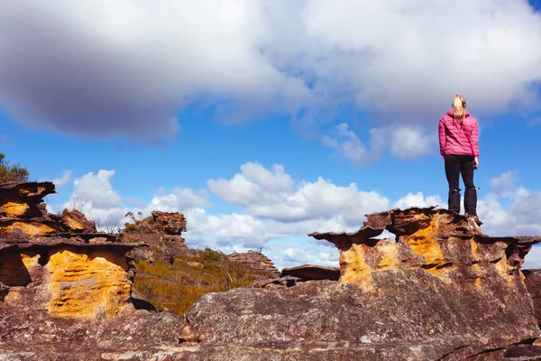 Mujer Excursionista Adquiere Una Hermosa Vista Panorámica Desde Alto Una Fotos de stock libres de derechos