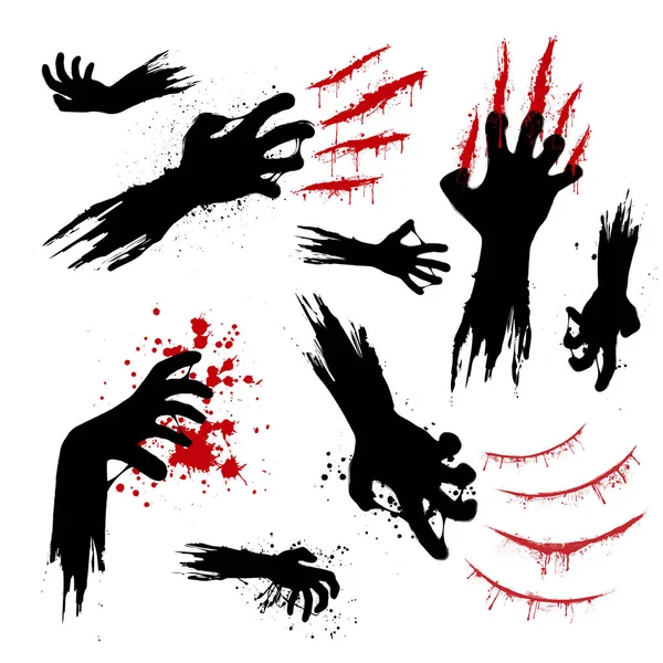 Zestaw Czarnych Rąk Zombie Grunge Plamami Krwi Zadrapaniami Izolowane Białym — Wektor stockowy