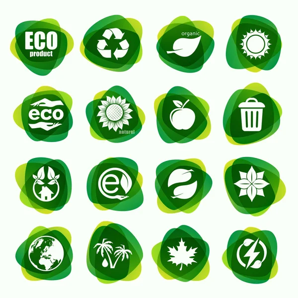 Yeşil Katı Doğal Ekolojik Ikonlar Kümesi Sağlıklı Ekoloji Etiketleri Beyaz — Stok Vektör