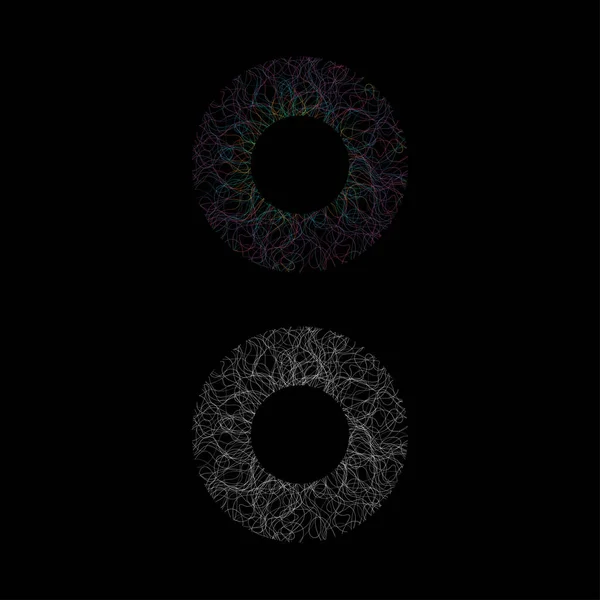 Два Абстрактних Силуети Кола Очей Кольоровими Білими Лініями Ізольовані Чорному — стоковий вектор