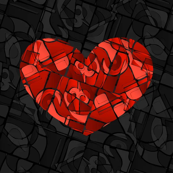 Абстрактный Темный Фон Геометрическими Элементами Дизайна Силуэтом Красного Сердца — стоковый вектор