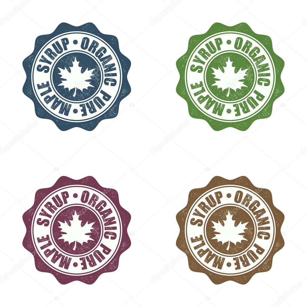 Set of four different colours seals with maple syrup isolated on white background