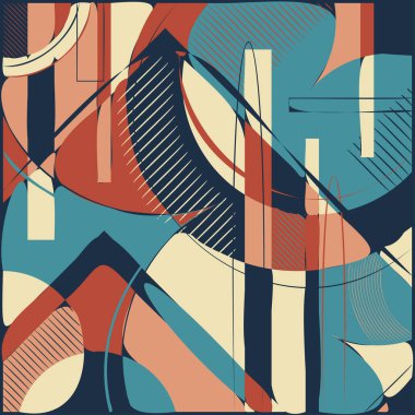 Bright blue linear background with different geometric shape elements. Modern graphic pattern illustration template