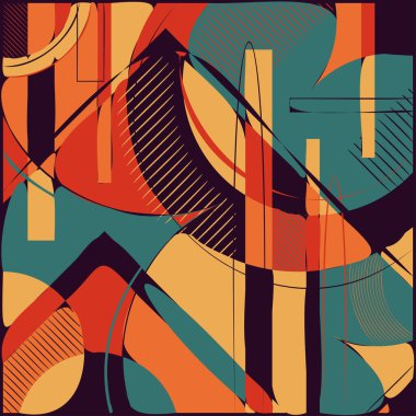 Farklı geometrik şekilli parlak renkli doğrusal arkaplan. Modern grafik desen örnekleme şablonu