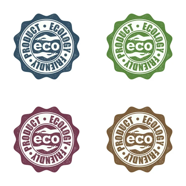 Conjunto Quatro Selos Cores Diferentes Com Produtos Ecológicos Isolados Sobre —  Vetores de Stock