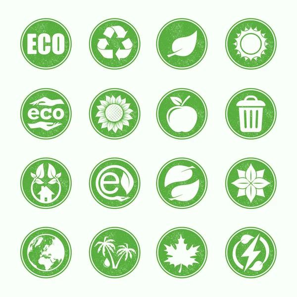 Set Four Green Solid Outline Natural Eco Seals Grunge Healthy — Stock Vector