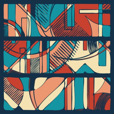 Farklı geometrik şekilli elementlerle renkli doğrusal arkaplan. Modern grafik desen örnekleme şablonu