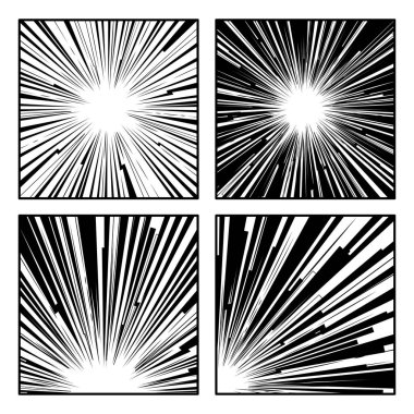 Abstract black and white patterns with different burst lines. Circle explosion rays with bright firework stripes. Comic flash template simple modern style