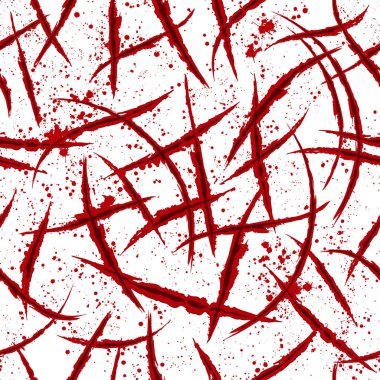Background seamless pattern with animal claw scratch marks. Monster sharp. Red bloody wound wallpaper with splashes and blots