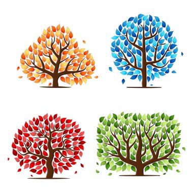 Abstract trees silhouettes set with different season color leaves. Abstract form plant designs isolated on white background. Year forest design for botanical decorations