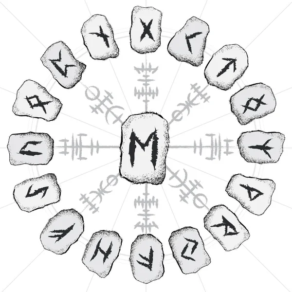 Abstract Grunge Design Stone Circle Diferent Runes Symbols Viking Letter — Stock Vector