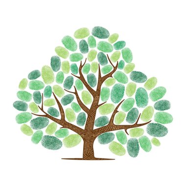 Beyaz arkaplanda farklı parmak izleri olan soyut ağaç silueti