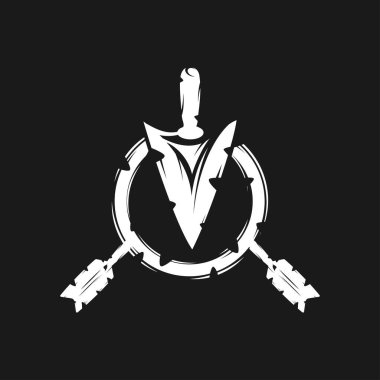 Abstract flat white sagittarius arrowhead symbol isolated on black background. Arrow with sample text for company logo or corporate symbol