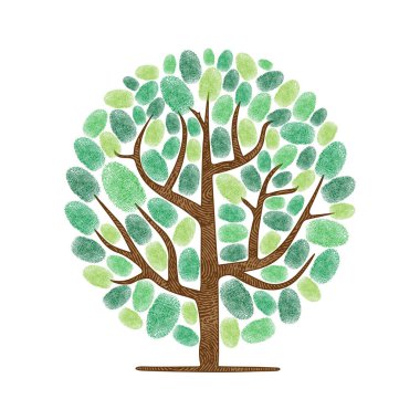Abstract tree silhouette with different fingerprint leaves isolated on white background