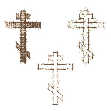 Set of three Orthodox Christ Crosses with wooden branch textures isolated on white background