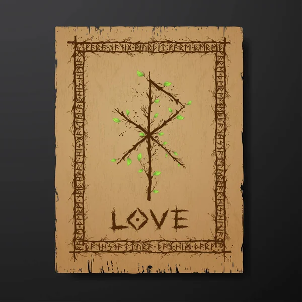 stock vector Pergament old grunge paper texture with abstract Scandinavian bind rune with wooden branches and leaves. Viking runes rectangle frame and text for meaning Love