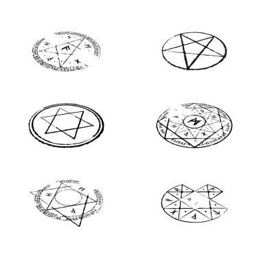 Beyaz zemin üzerinde üçgenler ve Viking rünleri olan parlak mor büyü sembolü. Daire şeklinde parlayan okült işareti. Simya büyüsü büyüsü yıldızı. Astroloji kutsal geometrik simgesi