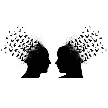 Abstract black woman and man head silhouette with different thoughts and flying birds isolated on white background