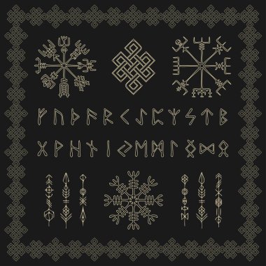 Grunge doodle brushes symbols isolated on dark background. Old Scandinavian norse sign for viking pattern tattoos and designs