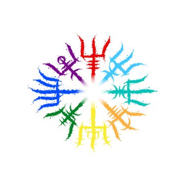 Ink blots Scandinavian viking true vegvisir symbol isolated on white background. Grunge old sign for different designs and patterns