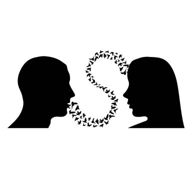 Abstract black woman and man head silhouette with different thoughts and flying birds isolated on white background