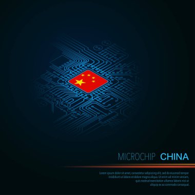 Blue electronic circuit board with China flag microchip or CPU element