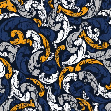 Abstract floral bright colorful pattern. Leaves flat silhouettes with grunge texture