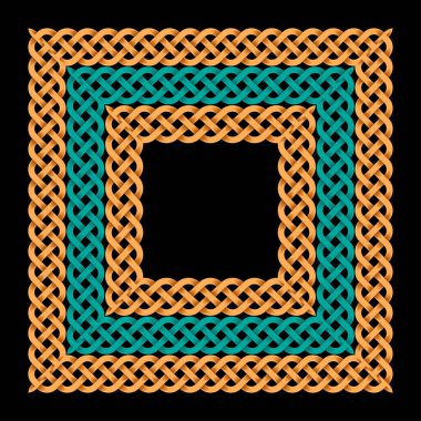 Soyut altın ve mavi Kelt desenli süsleme köşeleri siyah arkaplanda izole