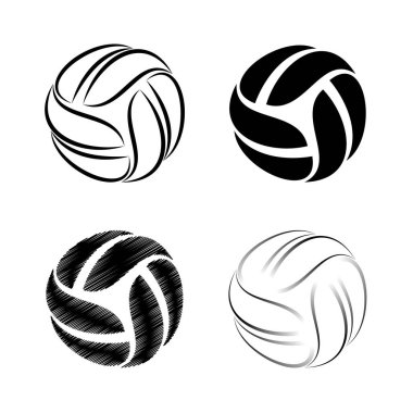 Set of different volleyball sport balls isolated on white background. Scribble, solid and outline silhouettes for t-shirt designs and tournament events